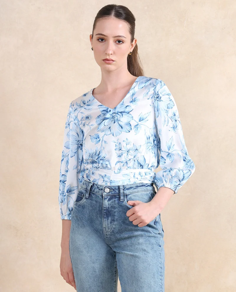 Rareism Women's Floral Printed V-Neck Top