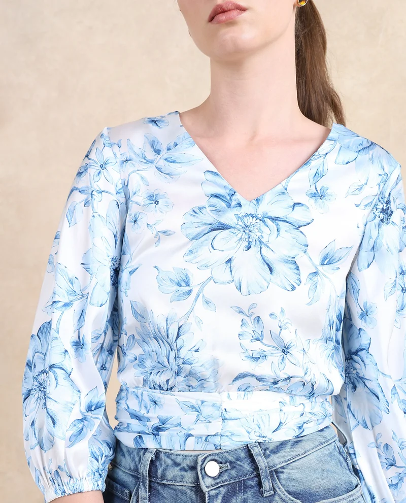 Rareism Women's Floral Printed V-Neck Top