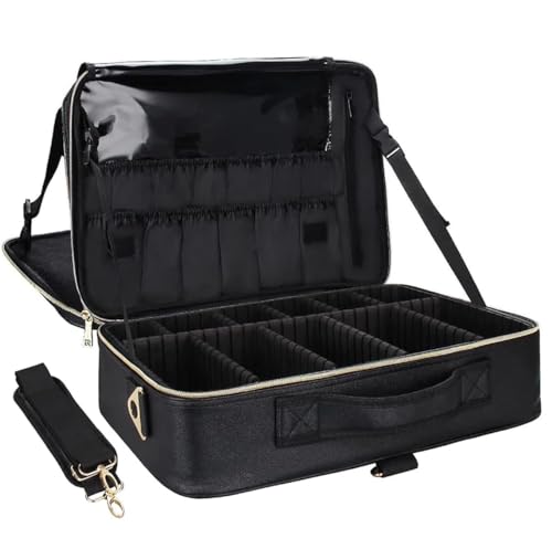 Relavel Makeup Case Large Makeup Bag Professional Train Case 16.5 inches Travel Cosmetic Organizer Brush Holder Waterproof Makeup Artist Storage Box, Large Capacity (Leather Black) - Image 1