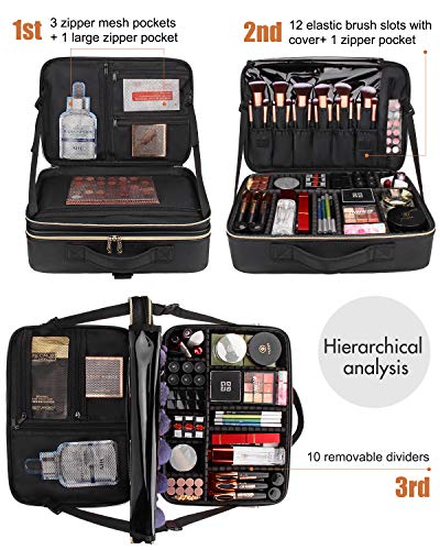 Relavel Makeup Case Large Makeup Bag Professional Train Case 16.5 inches Travel Cosmetic Organizer Brush Holder Waterproof Makeup Artist Storage Box, Large Capacity (Leather Black) - Image 2
