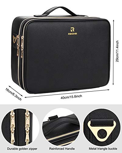 Relavel Makeup Case Large Makeup Bag Professional Train Case 16.5 inches Travel Cosmetic Organizer Brush Holder Waterproof Makeup Artist Storage Box, Large Capacity (Leather Black) - Image 3