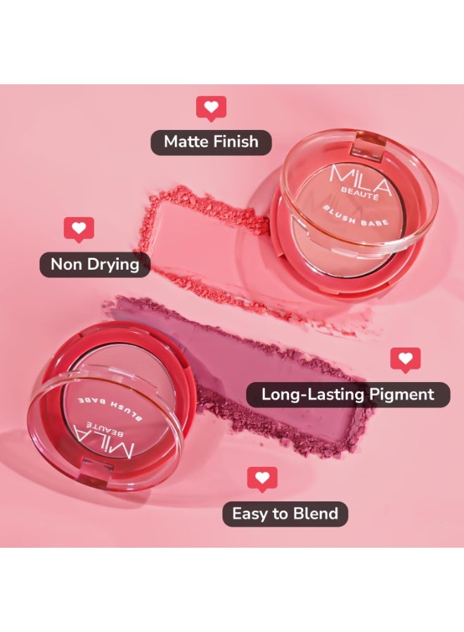 ميلا بيوتي بودرة أحمر الخدود "Blush Babe" من ميلا بوتيه (MILA BEAUTÉ) | لمسة نهائية مطفية ولون غني يدوم طويلاً | سهلة الدمج | تركيبة لا تسبب الجفاف غنية بزيت ثمر الورد وزيت الجوجوبا وفيتامين E | الدرجة: Peach Soda (5 جم) - Image 3