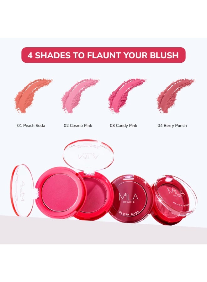 ميلا بيوتي بودرة أحمر الخدود "Blush Babe" من ميلا بوتيه (MILA BEAUTÉ) | لمسة نهائية مطفية ولون غني يدوم طويلاً | سهلة الدمج | تركيبة لا تسبب الجفاف غنية بزيت ثمر الورد وزيت الجوجوبا وفيتامين E | الدرجة: Peach Soda (5 جم) - Image 2