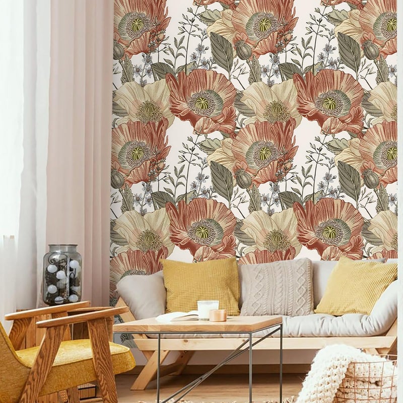 Livebor Floral Wallpaper Peel and Stick Boho Large Floral Peel and Stick Wallpaper Vintage Multicolor Flower Contact Paper 17.7'' x 118.1'' Self Adhesive Wall Paper for Bathroom Wall Covering Decor - Image 3