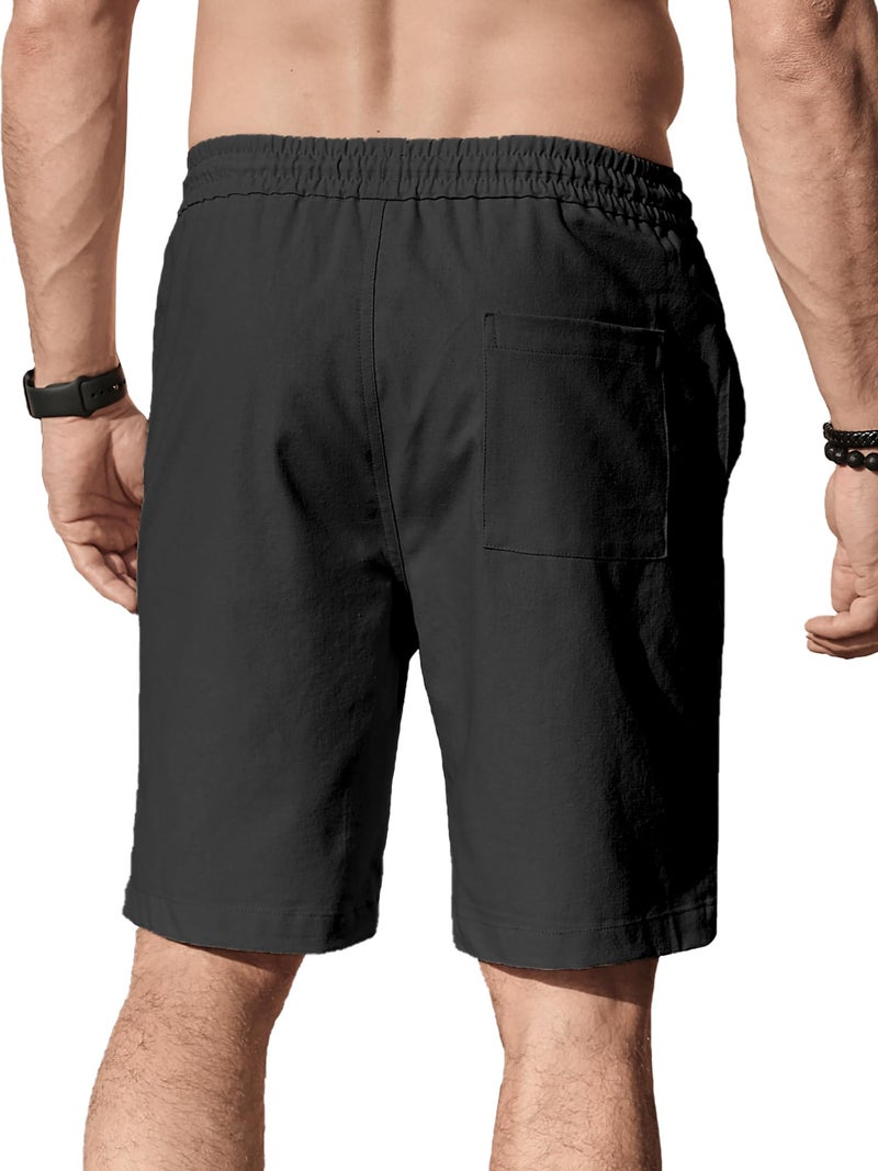 Comdecevis Men's Casual Linen Shorts Elastic Waist Drawstring Summer Beach Shorts, Black, Large - Image 2