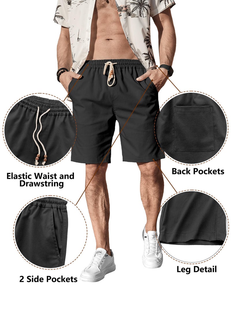 Comdecevis Men's Casual Linen Shorts Elastic Waist Drawstring Summer Beach Shorts, Black, Large - Image 4