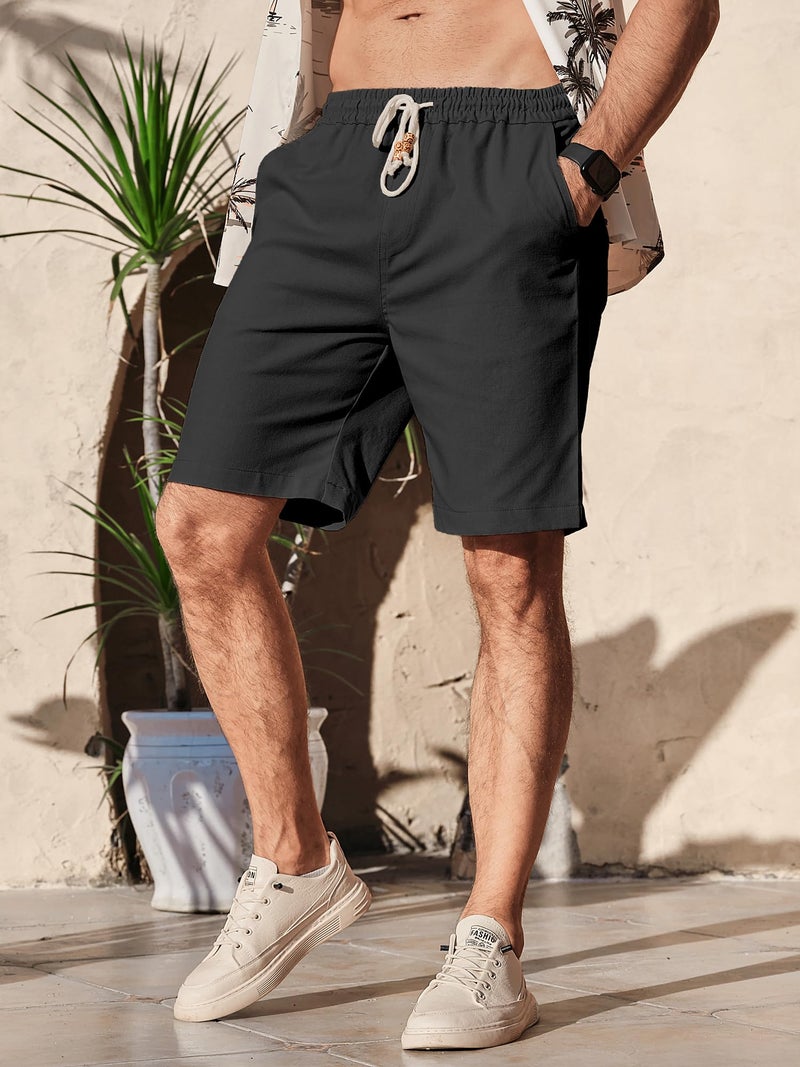 Comdecevis Men's Casual Linen Shorts Elastic Waist Drawstring Summer Beach Shorts, Black, Large - Image 3