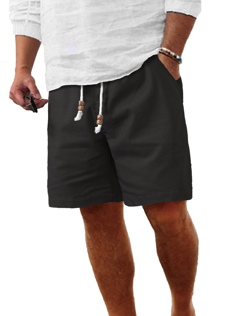 Comdecevis Men's Casual Linen Shorts Elastic Waist Drawstring Summer Beach Shorts, Black, Large - Image 1