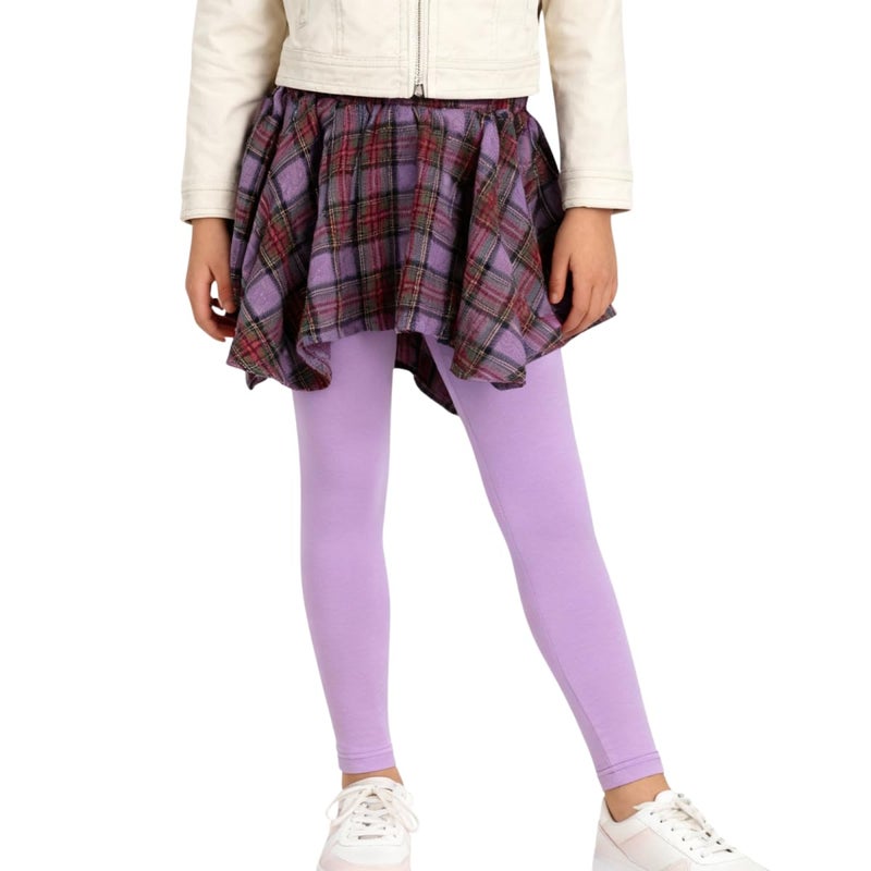 WELAKEN Girls Plaid Skirted Leggings â€“ Kids Tartan Skirt with Stretch Leggings and Elastic Waistband Purple - Image 1