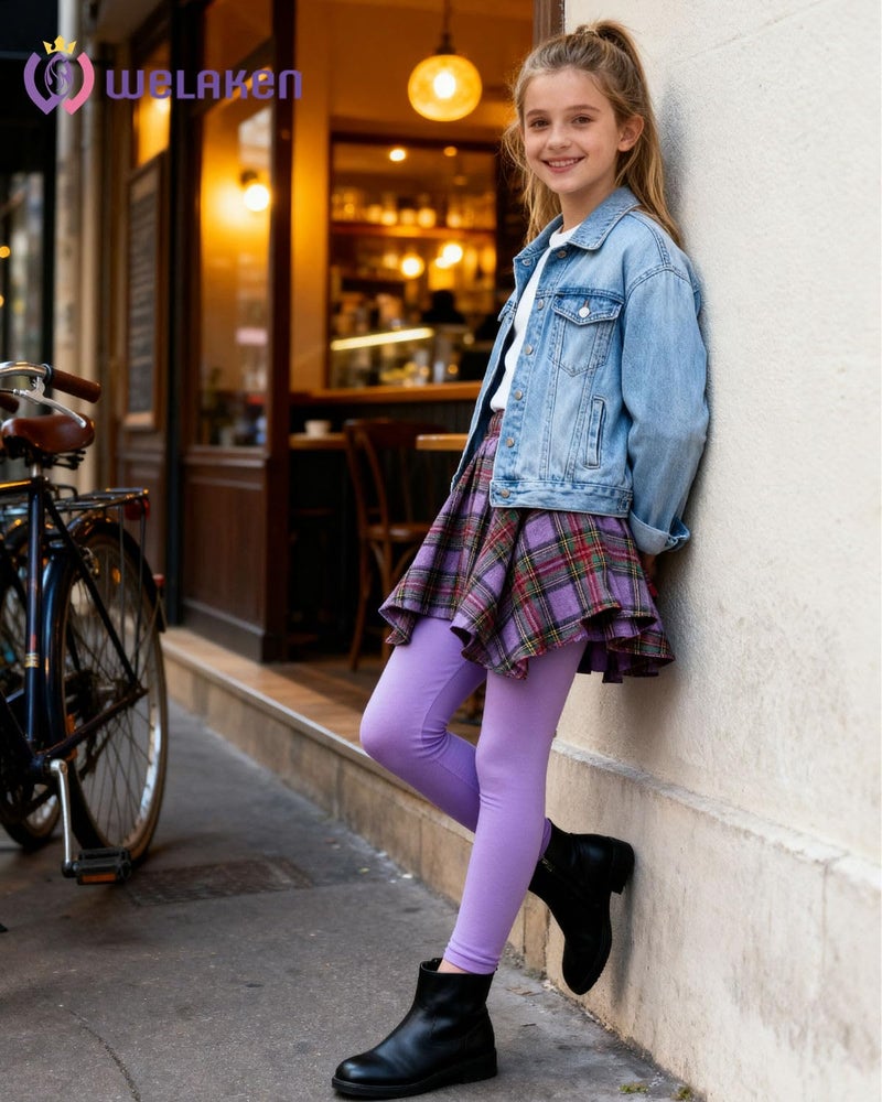 WELAKEN Girls Plaid Skirted Leggings â€“ Kids Tartan Skirt with Stretch Leggings and Elastic Waistband Purple - Image 2