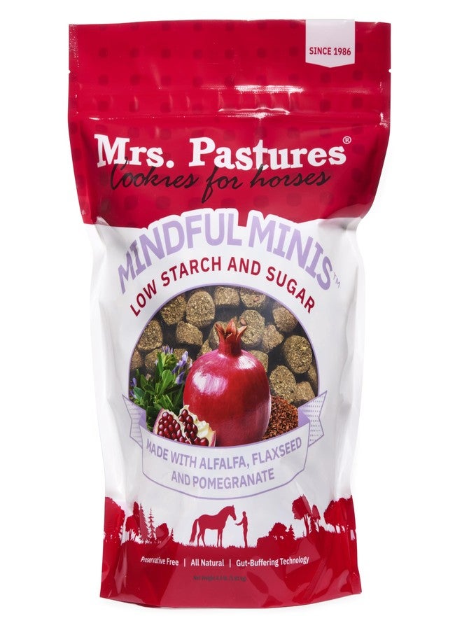 Mrs. Pastures مكافآت "ميسز باستشرز مايندفل مينيز" للخيول - مكافآت فاخرة للخيول - مصنوعة من البرسيم وبذور الكتان والرمان - نسبة منخفضة من النشا والسكر - خالية من المواد الحافظة - طبيعية بالكامل - صنع في الولايات المتحدة الأمريكية - (4 أرطال) - Image 1