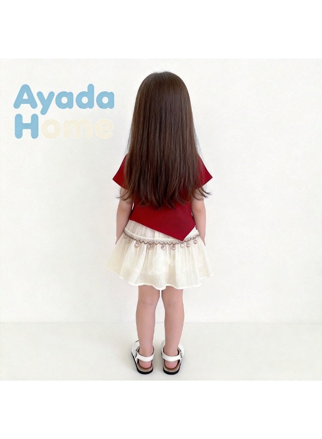 Ayada Home Girls Bohemian Two-Piece Outfit, Gold Decor Short Sleeve Top With Side Bow & Layered Skirt Set For Kids - Image 2