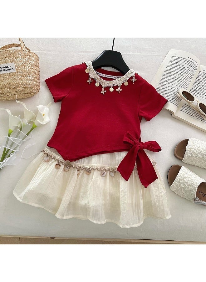 Ayada Home Girls Bohemian Two-Piece Outfit, Gold Decor Short Sleeve Top With Side Bow & Layered Skirt Set For Kids - Image 3