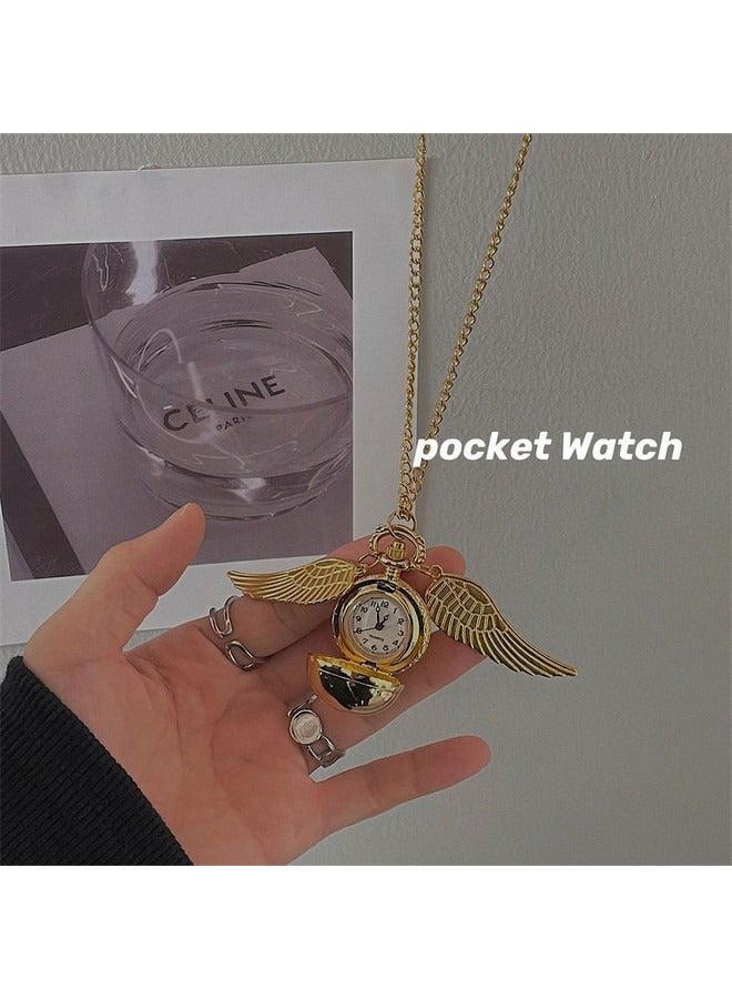 2 in 1 Vintage Necklace Pocket Watch, Harry Potter Golden Snitch Retro Necklace, Small Dial Golden Ball Watch Sweater Chain Decoration  - Image 1
