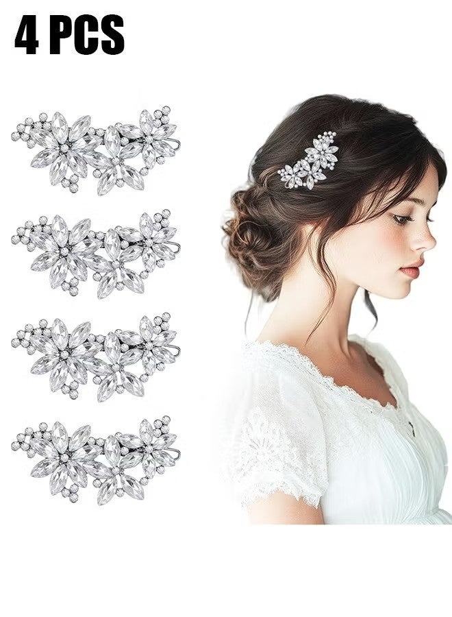 4 قطع من مشابك شعر العروس المرصعة بأحجار الراين، دبابيس شعر على شكل زهور، مشابك شعر للعروس مزينة باللؤلؤ والكريستال، دبابيس شعر أنيقة للعروس، إكسسوارات شعر للنساء والفتيات - Image 1