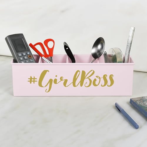 Elan Metal Desk Organizer | Stylish Quoted desk organizer for office table with 4 compartments | Stationary Storage Stand Pen Pencil Holder for Office Home and Study Table (Girlboss-Light Pink) - Image 1