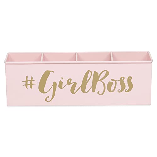 Elan Metal Desk Organizer | Stylish Quoted desk organizer for office table with 4 compartments | Stationary Storage Stand Pen Pencil Holder for Office Home and Study Table (Girlboss-Light Pink) - Image 3