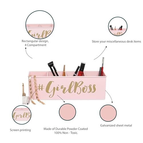 Elan Metal Desk Organizer | Stylish Quoted desk organizer for office table with 4 compartments | Stationary Storage Stand Pen Pencil Holder for Office Home and Study Table (Girlboss-Light Pink) - Image 4