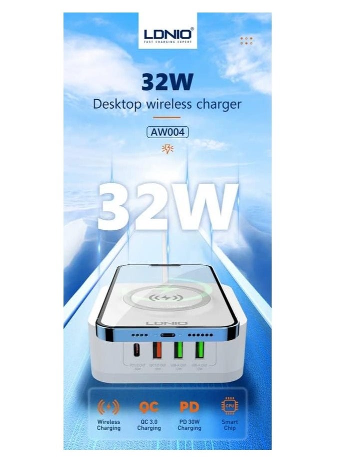 LDNIO - 32W Wireless Charger, LDNIO 5-in-1 Multi-Device Wireless Charging Station, 15W Max Qi-Certified Wireless Charger & 20W USB-C Port Fast Charger Compatible with iPhone, iPad, AirPods, Samsung, Tablet - Image 1