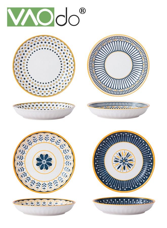 VAOdo 4PCS Retro-style Dinner Plate Microwaveable Steamable 8 Inches Lead-free and Cadmium-free Healthy Color Glaze Thickened Design Anti-scalding and Non-slip Steak Plate - Image 1