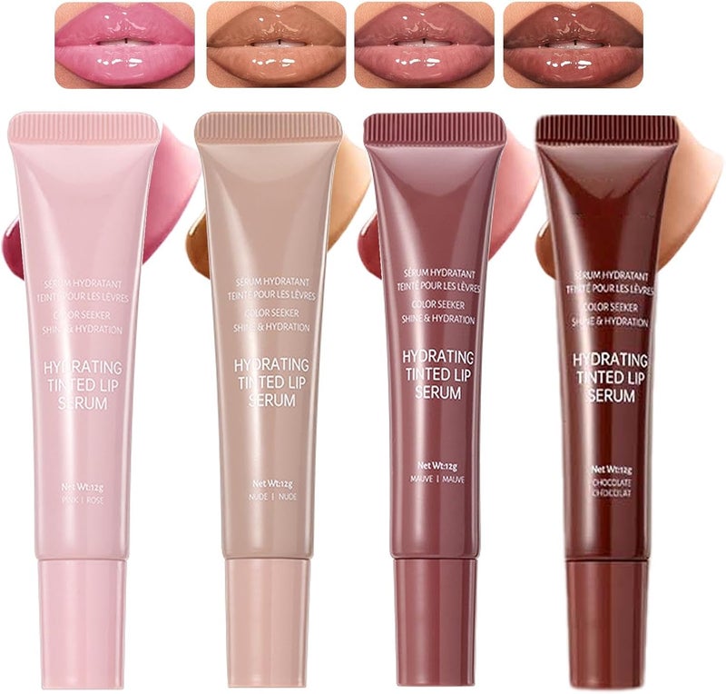 4Pcs Tinted Lip Balm Serum SetHydrating Plumping Pink Nude Red Glossy Lip GlossLonglasting Nourishing High Shine Instant Moisture Liquid Lipstick for Women