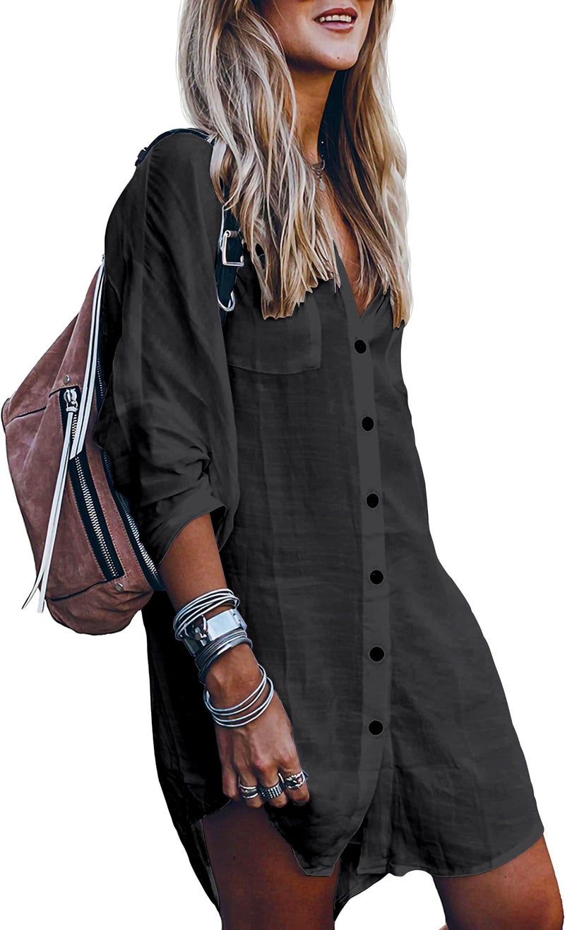POGTMM Womens Swim Cover Up Long Sleeve Silky Cotton Button Down Shirt Summer Bathing Suit Beach Coverups (XL, Black) - Image 1