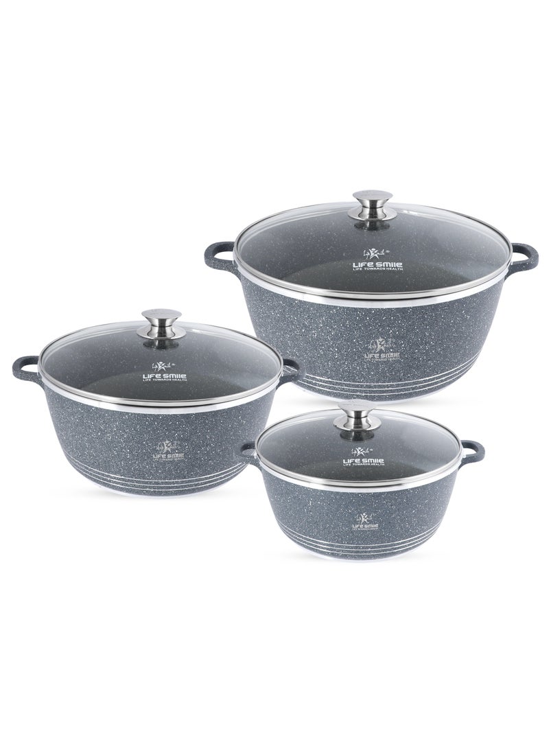 Life Smile Nonstick Cookware Set 6 pcs Cookwares with Stainless steel rim-Oven safe Pots and Pans set-Granite Coating Cooking Pots set Includes 32cmx9.5L Casserole with Lid, 36cmx13LCasserole with Lid, , 40cmx18L Casserole with Lid  - Image 1