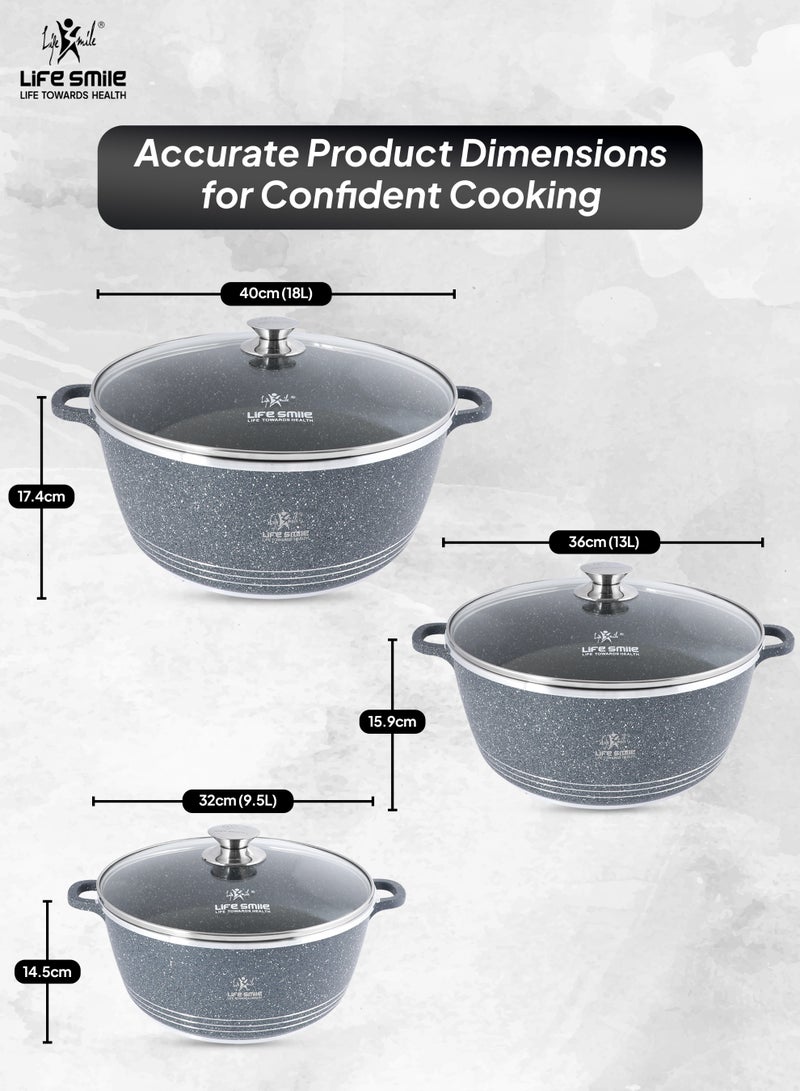 Life Smile Nonstick Cookware Set 6 pcs Cookwares with Stainless steel rim-Oven safe Pots and Pans set-Granite Coating Cooking Pots set Includes 32cmx9.5L Casserole with Lid, 36cmx13LCasserole with Lid, , 40cmx18L Casserole with Lid  - Image 3