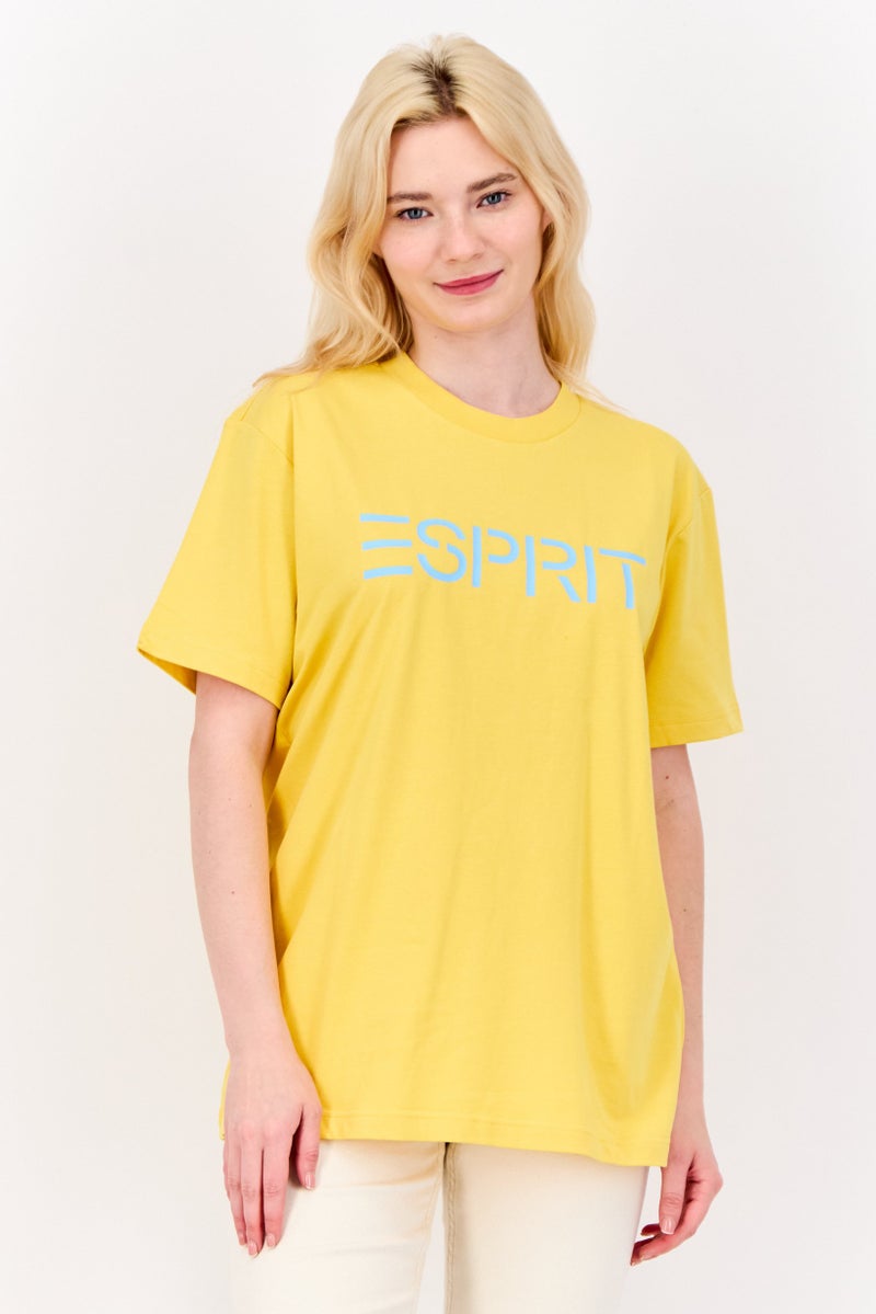 ESPRIT Women Crew Neck Short Sleeve Brand Logo T-Shirt, Yellow - Image 1