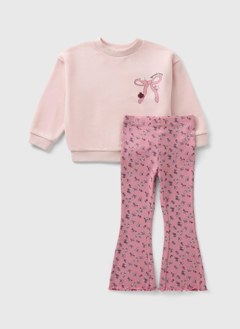 Matalan Girls Pink Bow Floral Sweatshirt & Flare Set