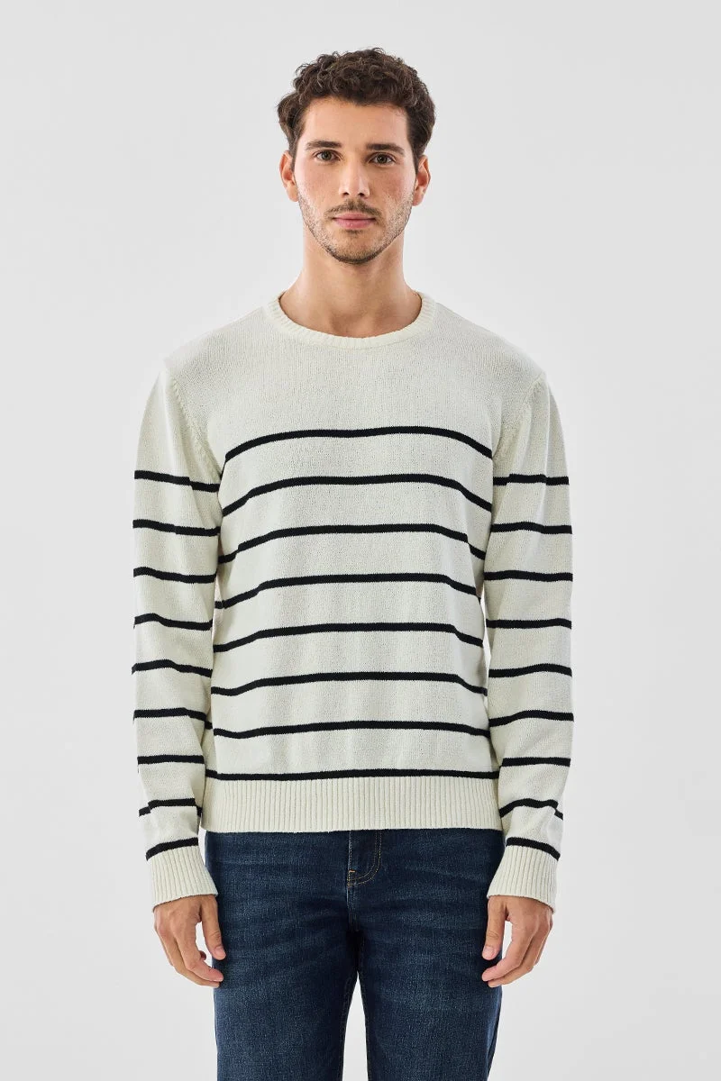 سنيتش White Striped Long Sleeve Regular Fit Sweater