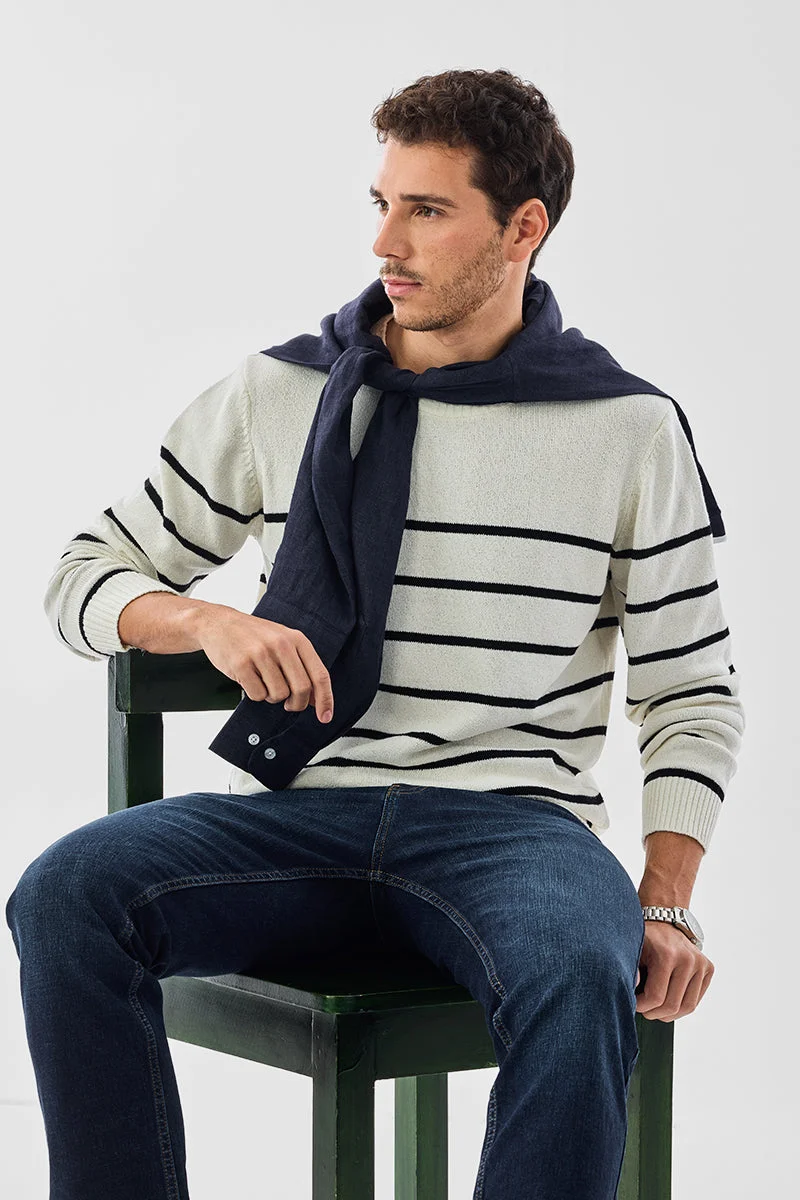 سنيتش White Striped Long Sleeve Regular Fit Sweater