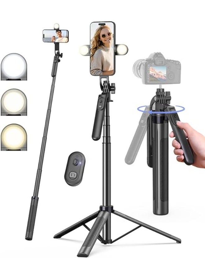 71” Adjustable Phone Tripod with Fill Light and Rechargeable Wireless Remote – Aluminum Selfie Stick Stand Compatible with Smartphones, Cameras, GoPro & More - Image 1