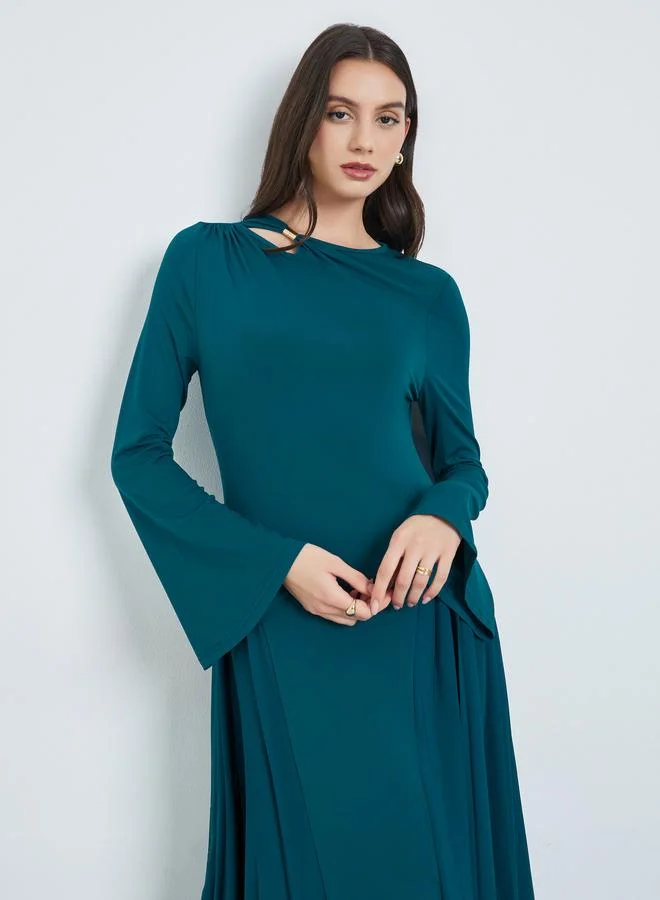 Take Two Teal Cut-Out Detail Pleated Maxi Dress