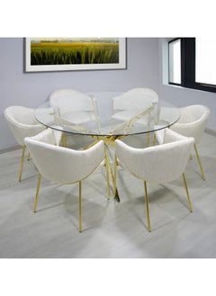 Dining Table Set 6 Seater - Davos Gold Large Round with Perla Cream Gold Dining Chairs - pzsku/Z72E082B78776A988AC93Z/45/_/1720780049/85a2b09d-9053-47ce-9737-8537e691a678