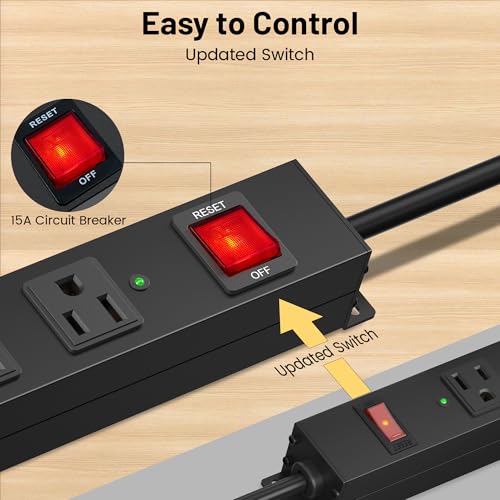 KF 8 Outlet Heavy Duty Power Strip Surge Protector, 2100J Surge Protection Metal Power Strip, 15A/1875W Mountable Power Strips with Upgraded Switch, 14AWG 6FT Extension Cord, Black - Image 2