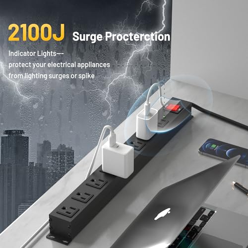 KF 8 Outlet Heavy Duty Power Strip Surge Protector, 2100J Surge Protection Metal Power Strip, 15A/1875W Mountable Power Strips with Upgraded Switch, 14AWG 6FT Extension Cord, Black - Image 3