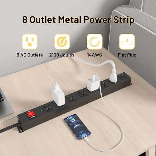 KF 8 Outlet Heavy Duty Power Strip Surge Protector, 2100J Surge Protection Metal Power Strip, 15A/1875W Mountable Power Strips with Upgraded Switch, 14AWG 6FT Extension Cord, Black - Image 4