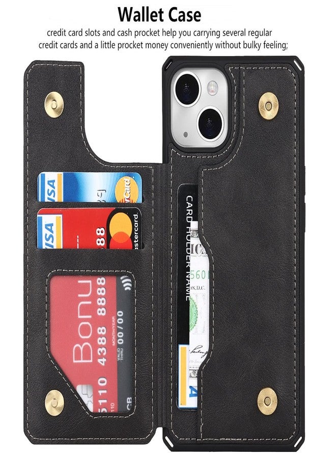iCoverCase Compatible with iPhone 13 Wallet Case with Card Holder and Wrist Strap, PU Leather Card Slots Kickstand Double Magnetic Clasp Shockproof Case 6.1 Inch (Black) - Image 3