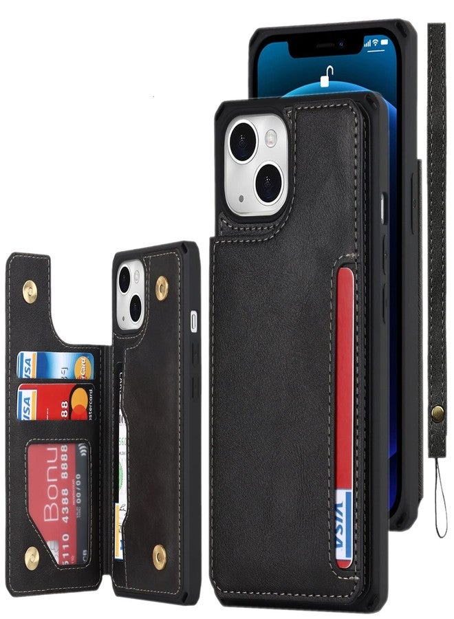 iCoverCase Compatible with iPhone 13 Wallet Case with Card Holder and Wrist Strap, PU Leather Card Slots Kickstand Double Magnetic Clasp Shockproof Case 6.1 Inch (Black) - Image 1