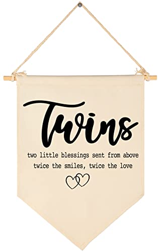 FYSIA Twin Room Sign-Twins Two Little Blessings-Canvas Hanging Pennant Flag Banner Wall Sign Decor Gift for Nursery Baby Kids Boy Girl Newborn Nephew Teen Bedroom Playroom Front Door-Birthday Christmas Gift - Image 1