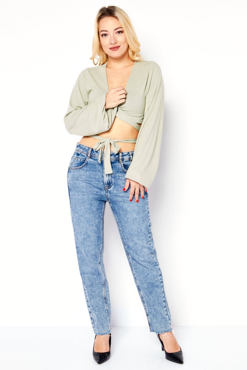 Endless Blu Women Keyhole Neck Long Sleeve Textured Top, Sage Green - Image 3