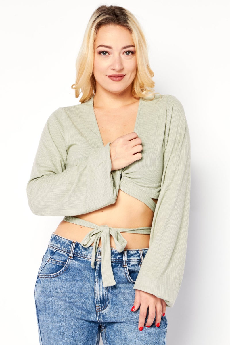 Endless Blu Women Keyhole Neck Long Sleeve Textured Top, Sage Green - Image 1