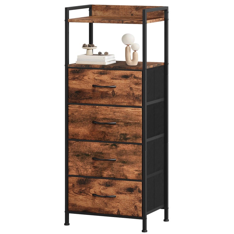 Somdot Night Stand with 4 Drawers, Vertical Storage Tower Fabric Dresser for Bedroom, Nightstand Bedside Table Furniture, Sturdy Steel Frame, Wooden Top & Easy Pull Fabric Bins, Wood Grain Print - Image 1