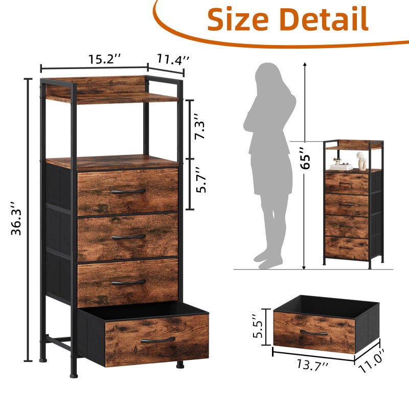 Somdot Night Stand with 4 Drawers, Vertical Storage Tower Fabric Dresser for Bedroom, Nightstand Bedside Table Furniture, Sturdy Steel Frame, Wooden Top & Easy Pull Fabric Bins, Wood Grain Print - Image 2