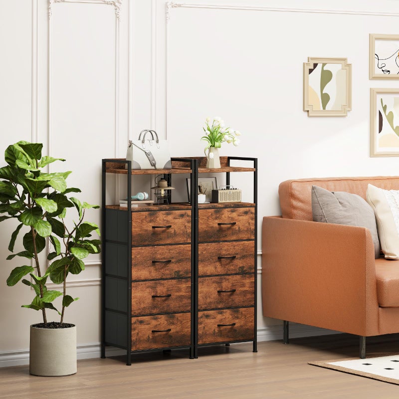 Somdot Night Stand with 4 Drawers, Vertical Storage Tower Fabric Dresser for Bedroom, Nightstand Bedside Table Furniture, Sturdy Steel Frame, Wooden Top & Easy Pull Fabric Bins, Wood Grain Print - Image 4