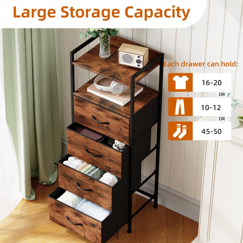 Somdot Night Stand with 4 Drawers, Vertical Storage Tower Fabric Dresser for Bedroom, Nightstand Bedside Table Furniture, Sturdy Steel Frame, Wooden Top & Easy Pull Fabric Bins, Wood Grain Print - Image 5