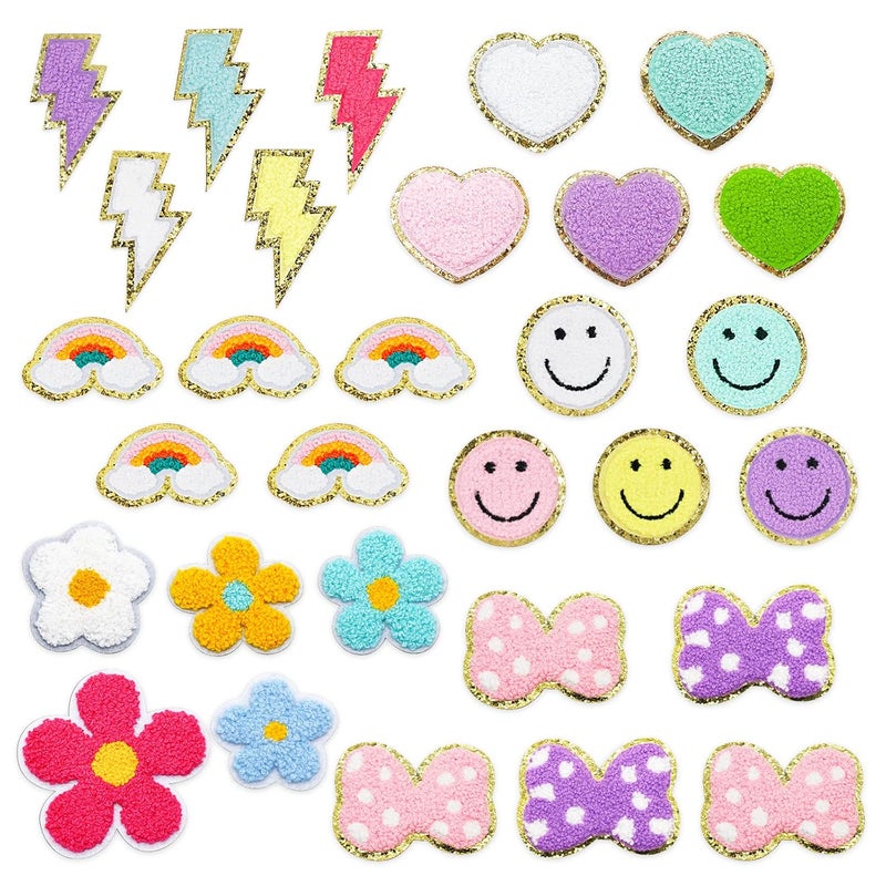 Rismise 30 PCS Rismise Iron on Patches Colorful Iron on Patch Chenille Patches Glitter Embroidered Appliques Heart Flower Lightning Rainbow Bow Smiley Face Patch for Clothing Jackets Jeans DIY Decorations  - Image 1