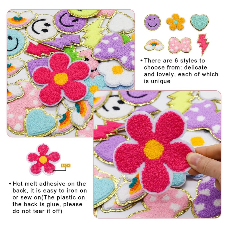 Rismise 30 PCS Rismise Iron on Patches Colorful Iron on Patch Chenille Patches Glitter Embroidered Appliques Heart Flower Lightning Rainbow Bow Smiley Face Patch for Clothing Jackets Jeans DIY Decorations  - Image 4
