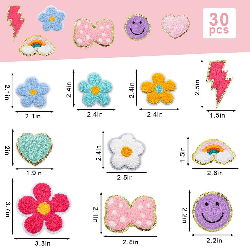 Rismise 30 PCS Rismise Iron on Patches Colorful Iron on Patch Chenille Patches Glitter Embroidered Appliques Heart Flower Lightning Rainbow Bow Smiley Face Patch for Clothing Jackets Jeans DIY Decorations  - Image 2